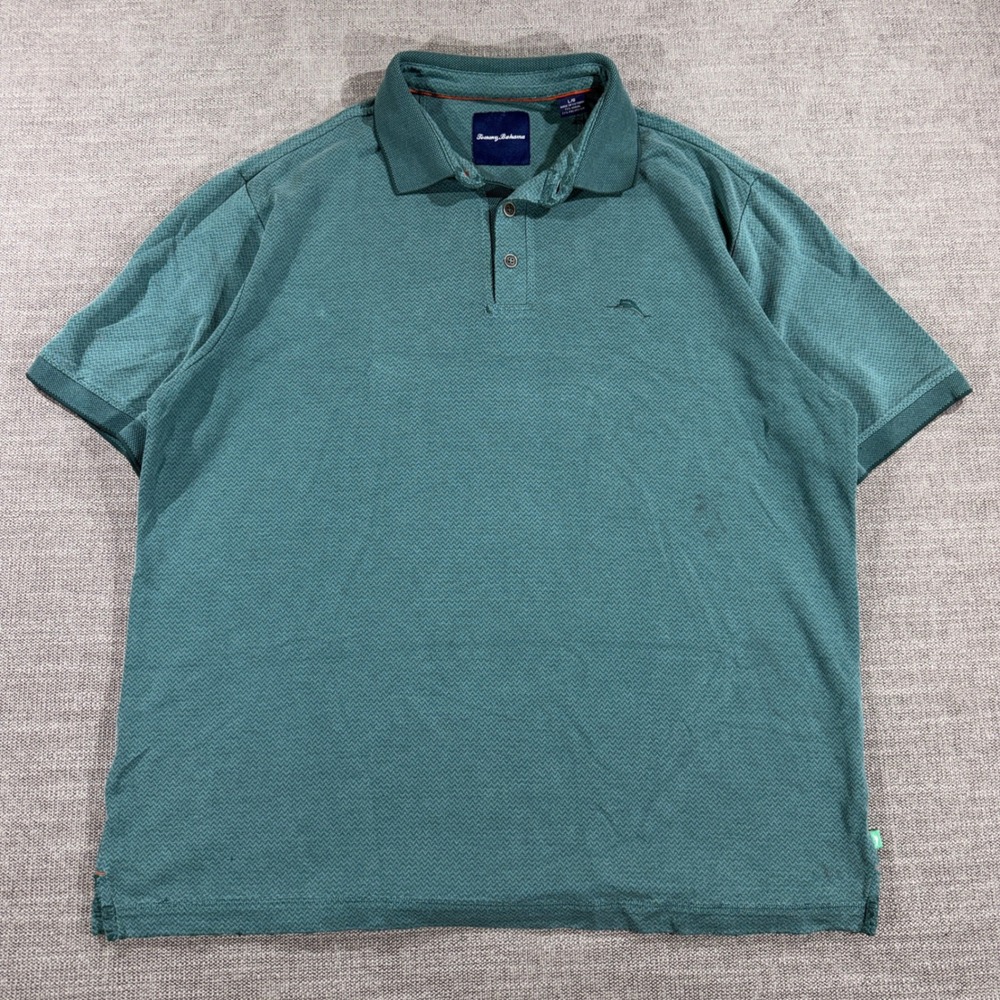 Tommy Bahama Polo Shirt Mens Large Teal Green Good Chevron Modal Blend Short Slv